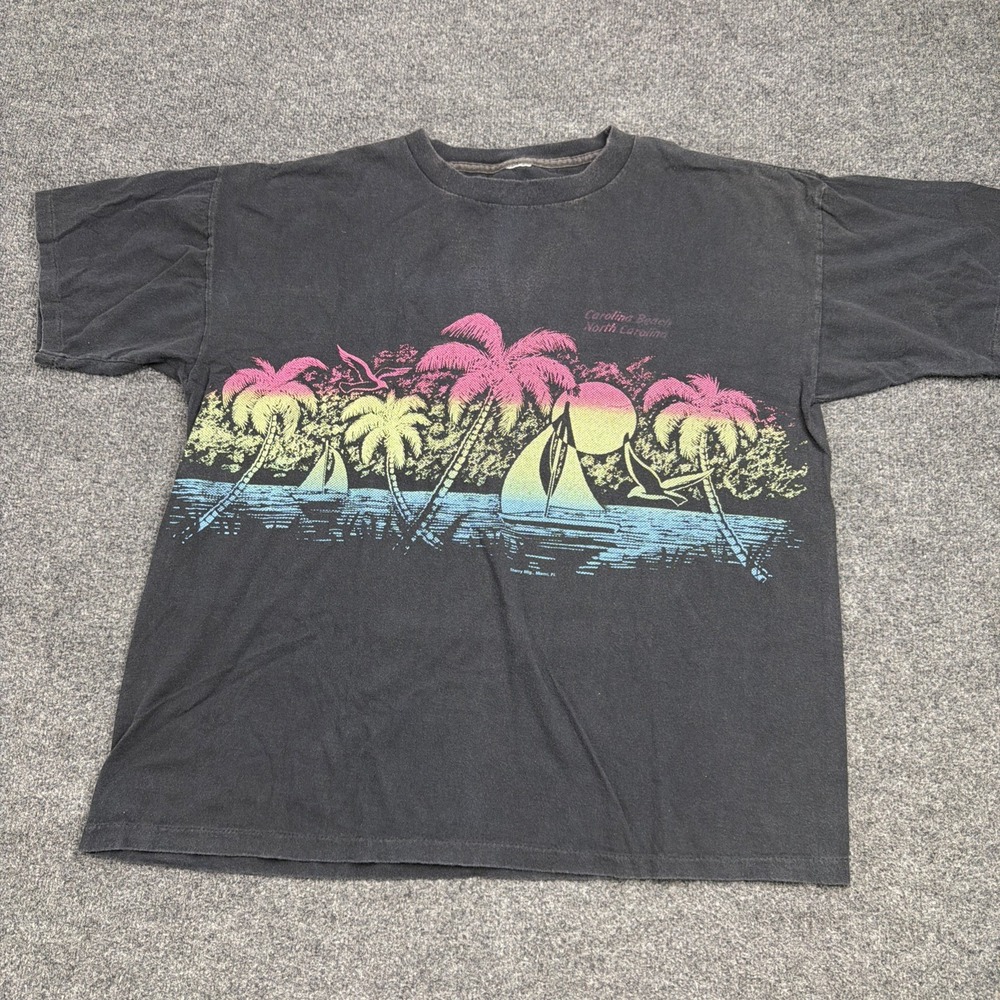 Vintage 90s North Carolina Beach T Shirt Mens XL Single Stitch Neon Sailboat